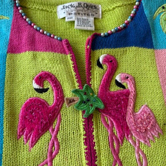 Jack B. Quick PM Flamingo Colorblock Sweater – Tropical Vibes & Pearl Collar - Picture 3 of 11